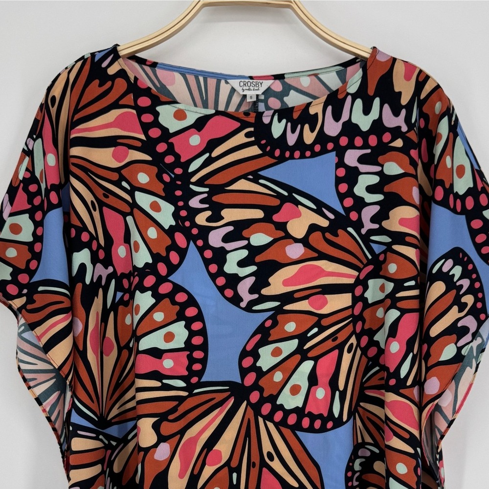 Crosby by Mollie Burch Butterfly Print Caftan Top Small Blue Boho Eclectic Art - Picture 3 of 9
